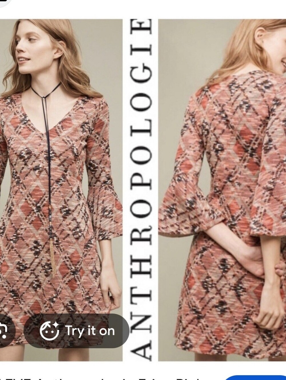 Anthropologie Pink Patterned Swing Dress with Bell Sleeves